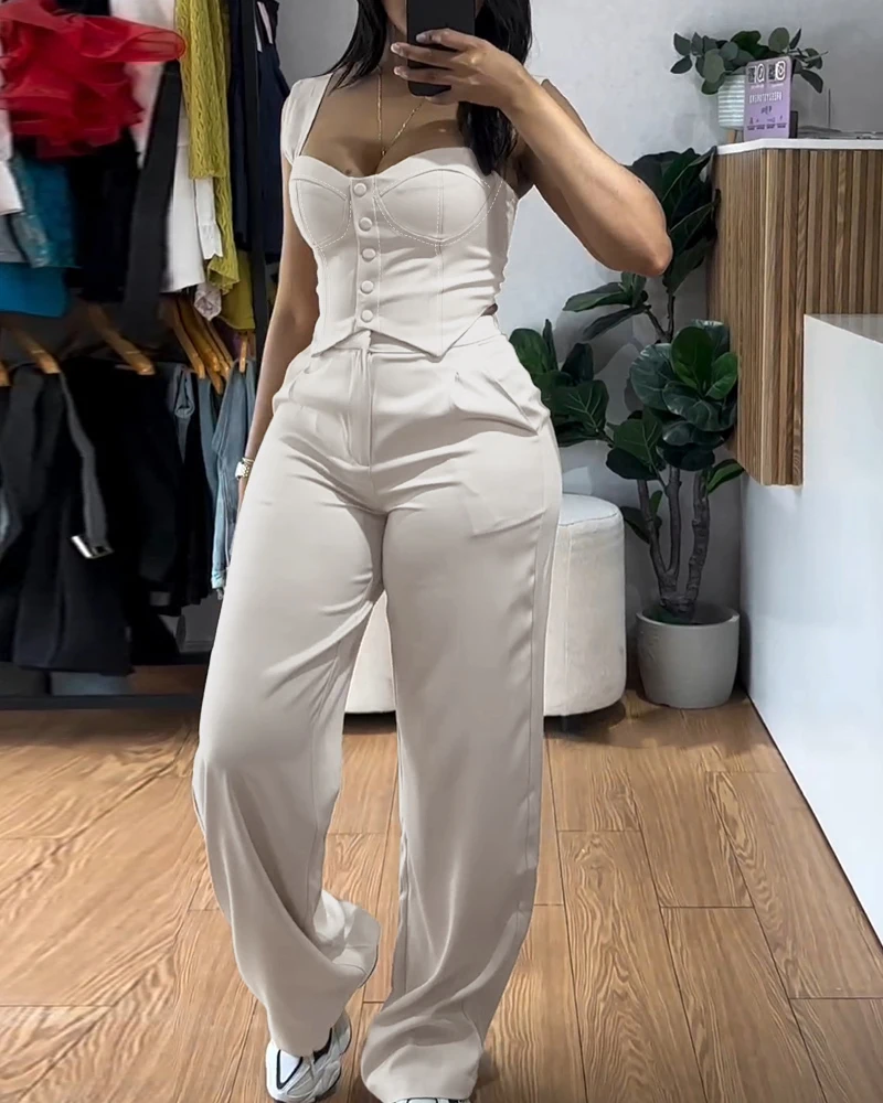 2024 Women 2 Piece Thick Strap Button Front Slim Fit Tank Top High Waist Pants Casual Outfit Set