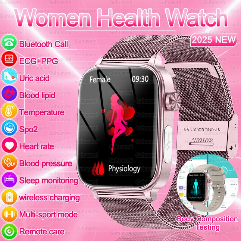 2026 New Women ECG+PPG Health Smart Watch Blood Fat Uric Acid Women Menstrual Health Tracker Bluetooth Call Smartwatch Gifts