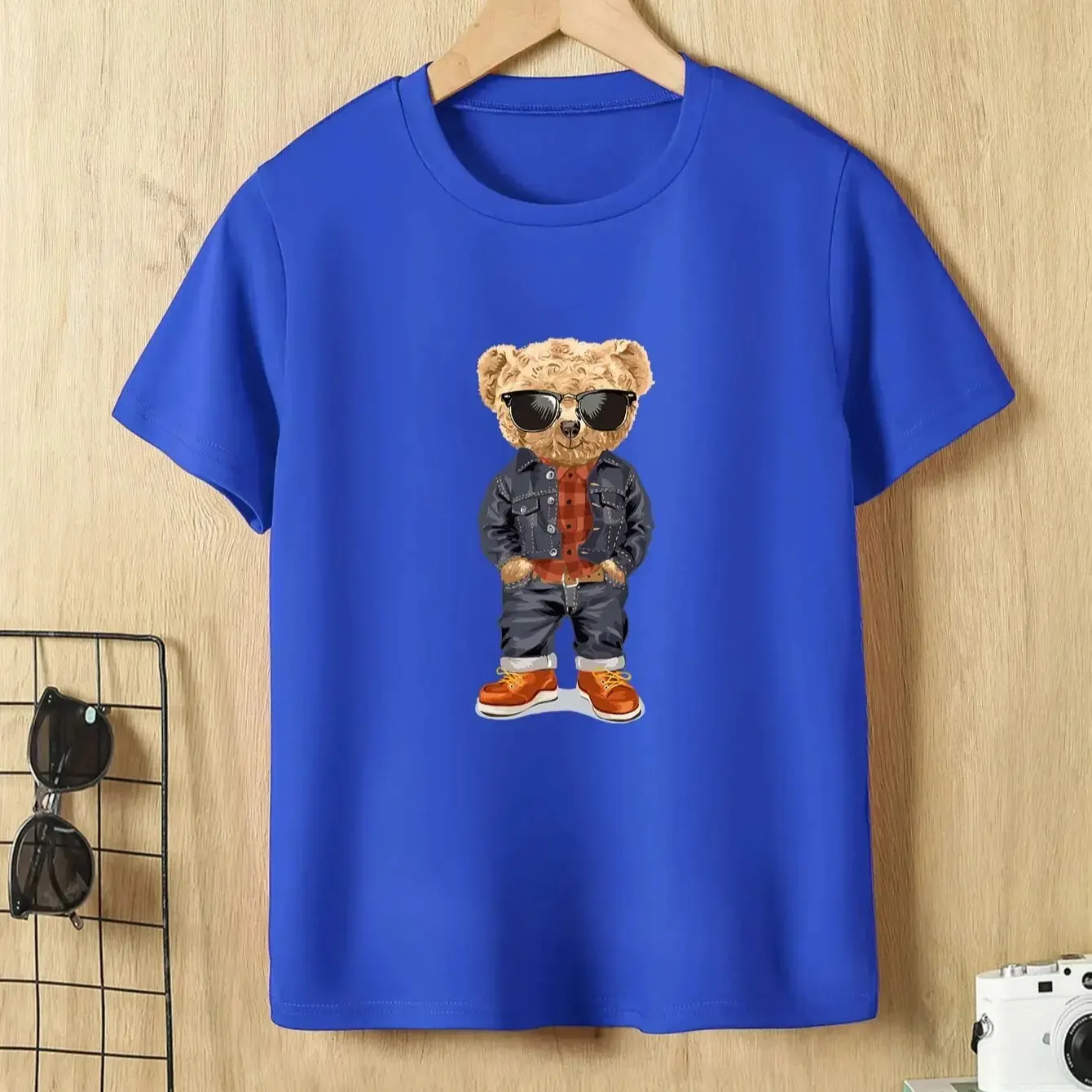 Single Boys and Teenagers Summer Casual with Cool with Sunglasses Teddy Bear Pattern Print Blue Crew-neck Thin Simple T-shirt