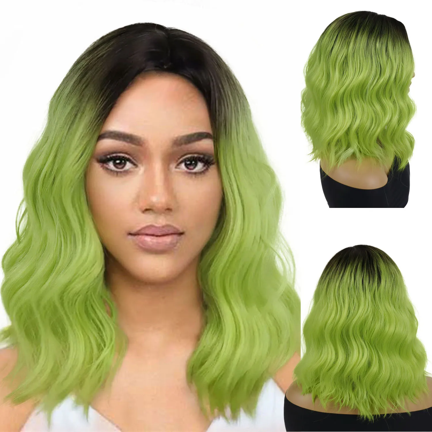 

Synthetic Hair Short Wavy Wig with Bangs Halloween Cosplay Drag Queen Party Curly Green Costume Wigs for Women Heat Resistant