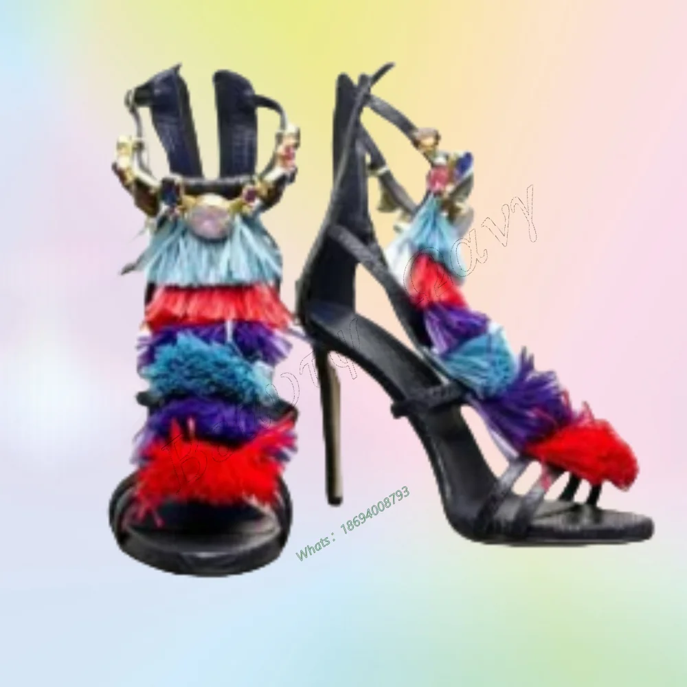 

Mixed Color Fringe Decor Sandals Back Zipper Sexy Stilettos Shoes for Women High Heels Shoes New Arrival Zapatos Para Mujere