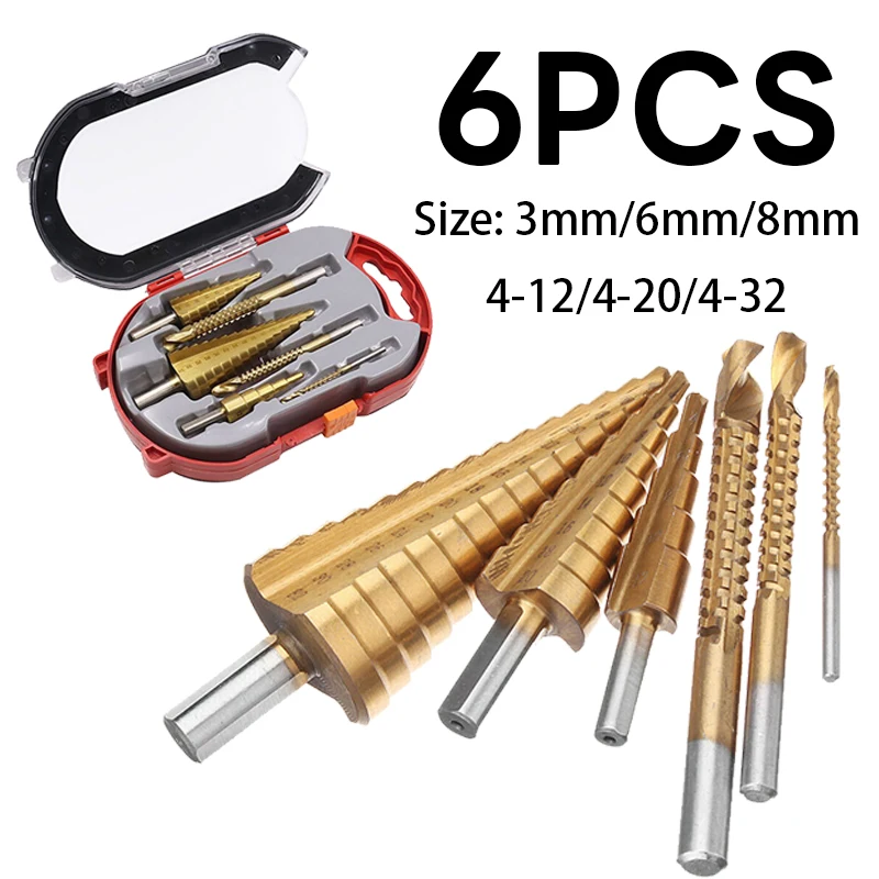 6PCS HSS Titanium Coated Step Drill Bit Power Tools Metal Wood Hole Cutter Cone Drill 4-12 4-20 4-32mm 3 6 8mm