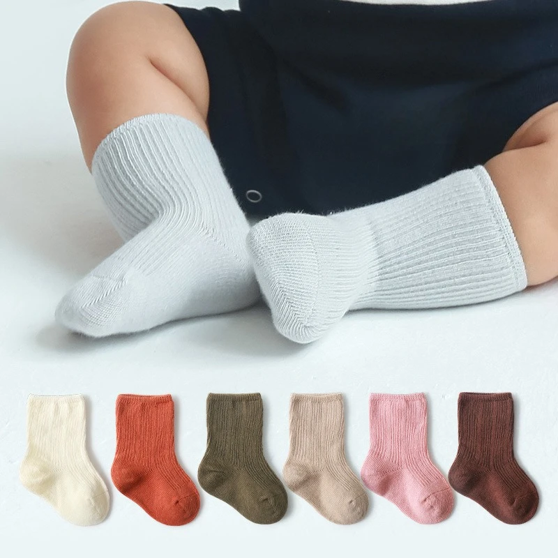 3Pairs Baby Socks Toddler Soft Comfortable Breathable All-Season Cotton Solid Simple style Kids Footwear