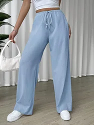Plus Size Women's Tie Elastic Waisted Pants Solid Casual Loose Straight Wide Leg Pants All Seasons