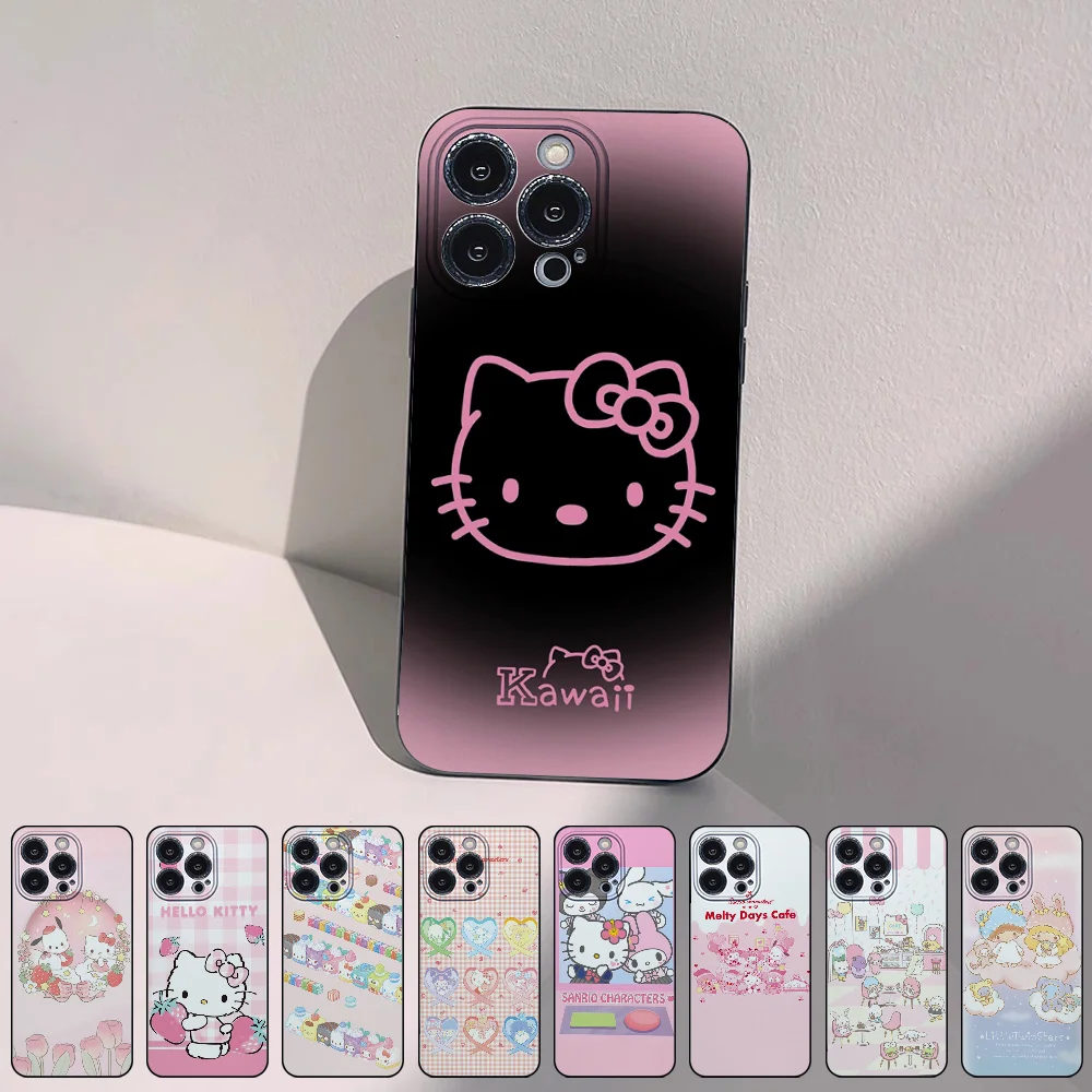 Sanrios Characters Pink Cute Mobile Phone Cases for iPhone 15 14 13 Pro Max 11 12 Mini X Xs XR Se 2022 Black Silicone Soft Shell