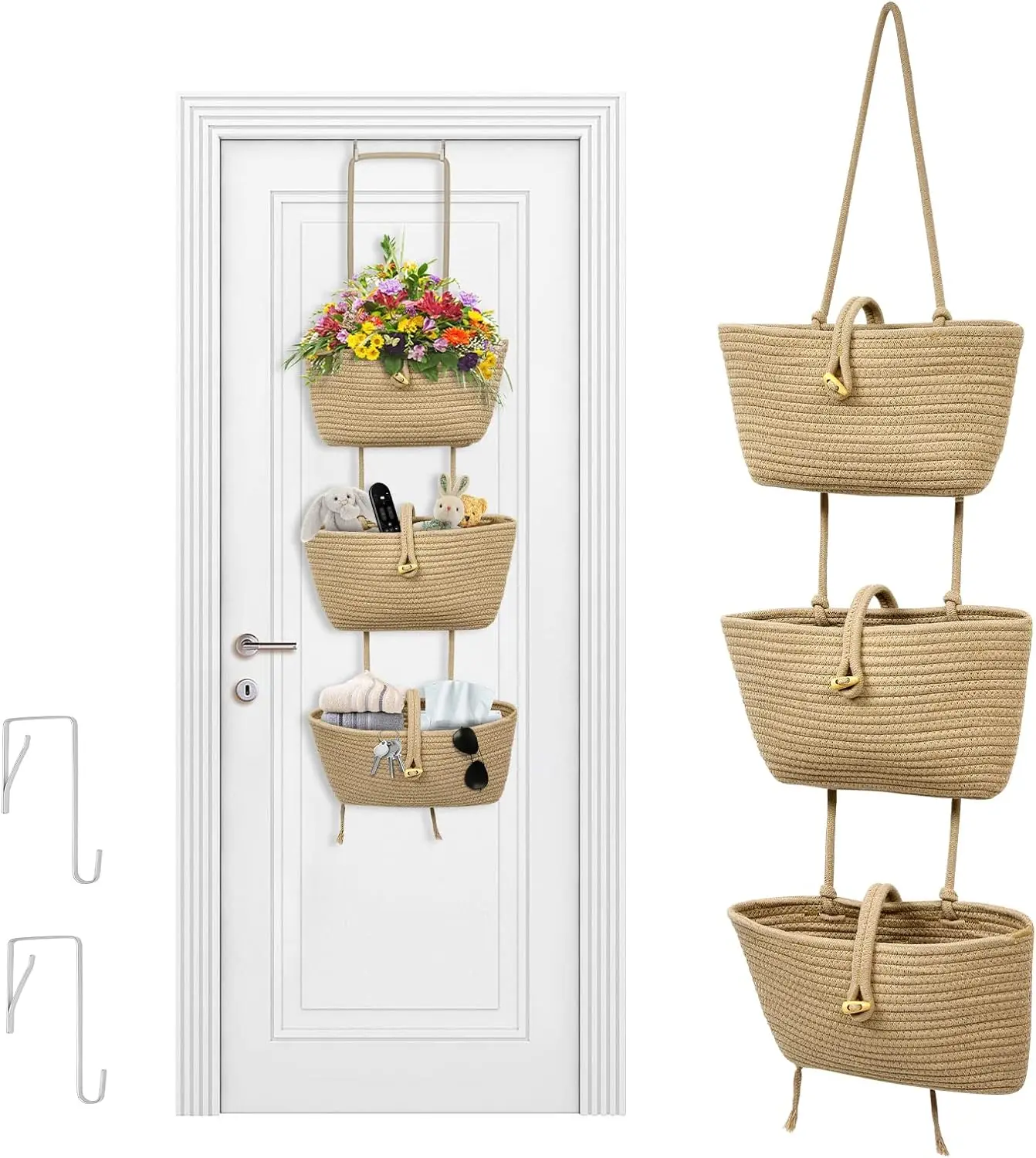 Storage Door Hanging Bag, 3 Woven Wall Rope Hanging Basket Decorative Basket Flowers Storing Bedroom Bathroom Closet Living Room