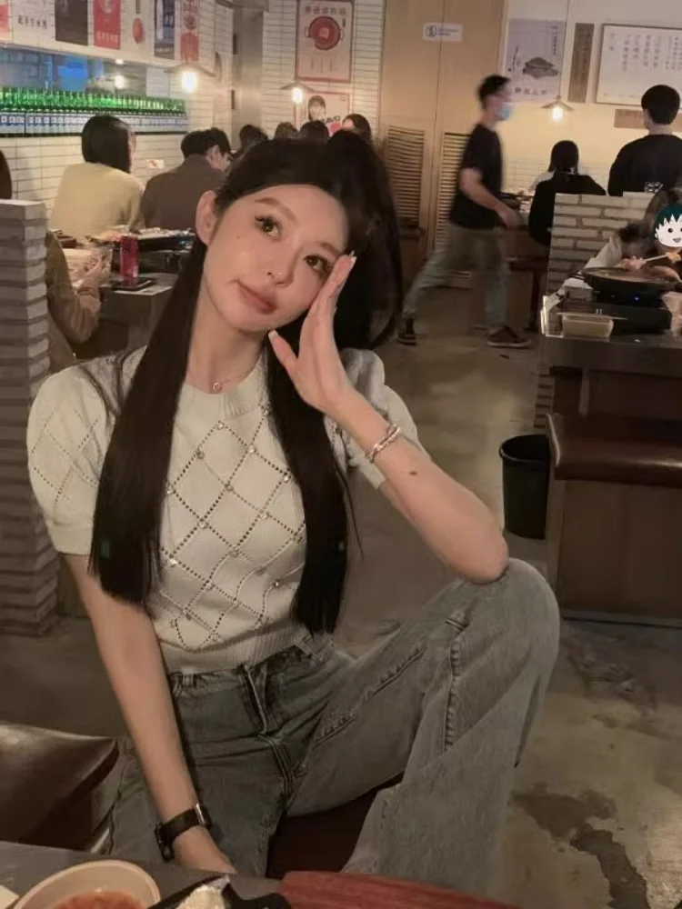 

Slim Fit High Waist ort Sve Knitted T-irt Women's Summer Design Sense oulder Width Regular Length round Ne Top