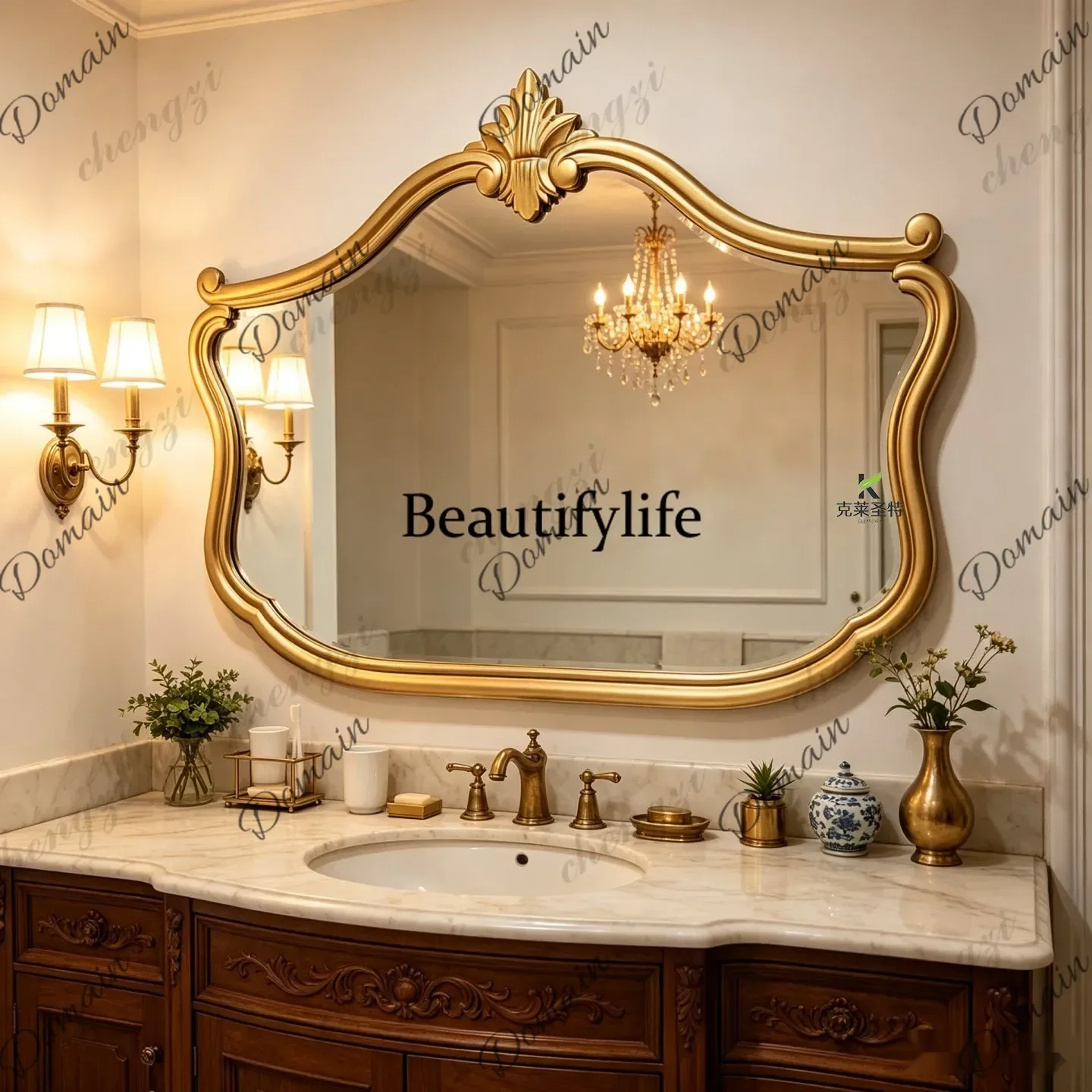 YFC French retro smart bathroom mirror American carved fireplace decorative mirror European light luxury wall hanging high-end