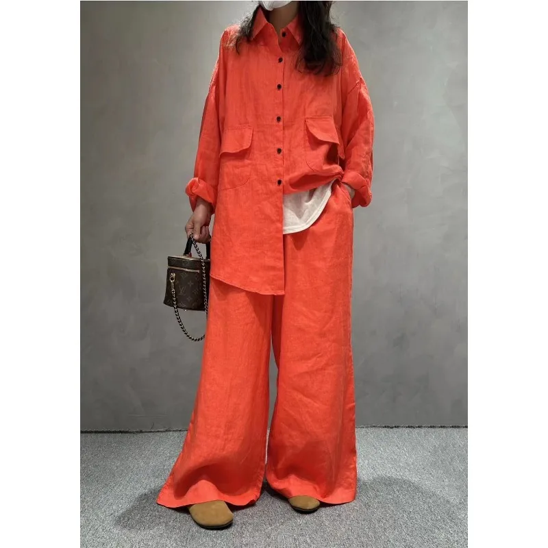 SuperAen 2024 Summer New Women\'s Lapel Shirt Long Sleeved Loose Linen Casual Vintage Wide Leg Pants Fashion Sets