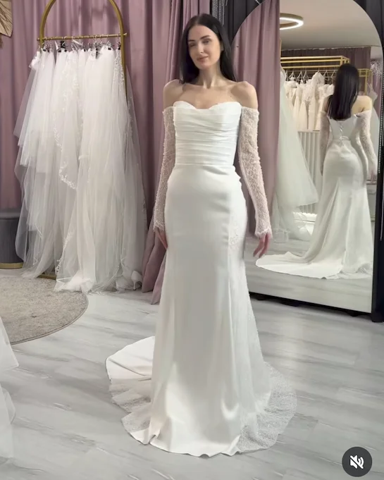 Suknie Ślubne 2026 Szyte na Miarę Dekolt w Serek Długi Rękaw Koronka Długość do Podłogi Błyszczące Zapięcie na Zamek Eleganckie vestidos de novi