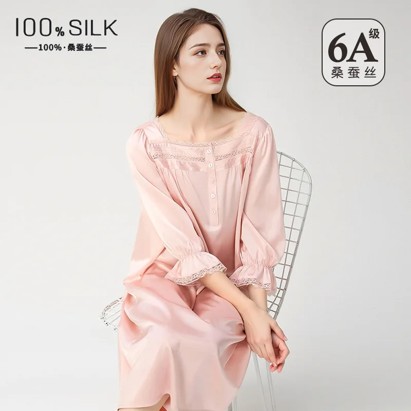 Summer New Women 100% Mulberry Silk Nightgown French Square Neck Puff Sleeve Loose Princess Dress Luxury Home Loungewear view 2