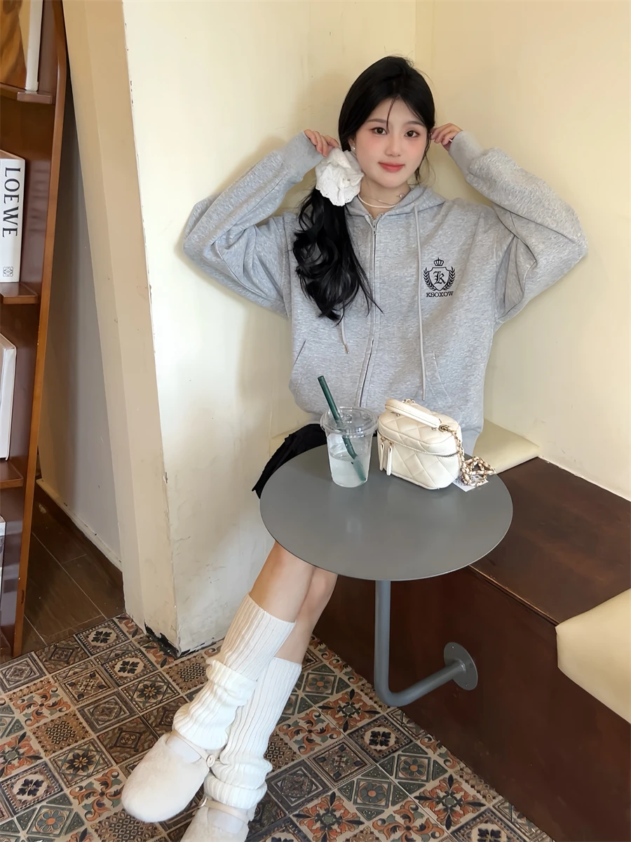 

Retro Embroidered Letter Hoodie Jaet Women's Loose Long Sve Zipper Hooded Sweatirt Outerwear Autumn Faion Sweet Sle