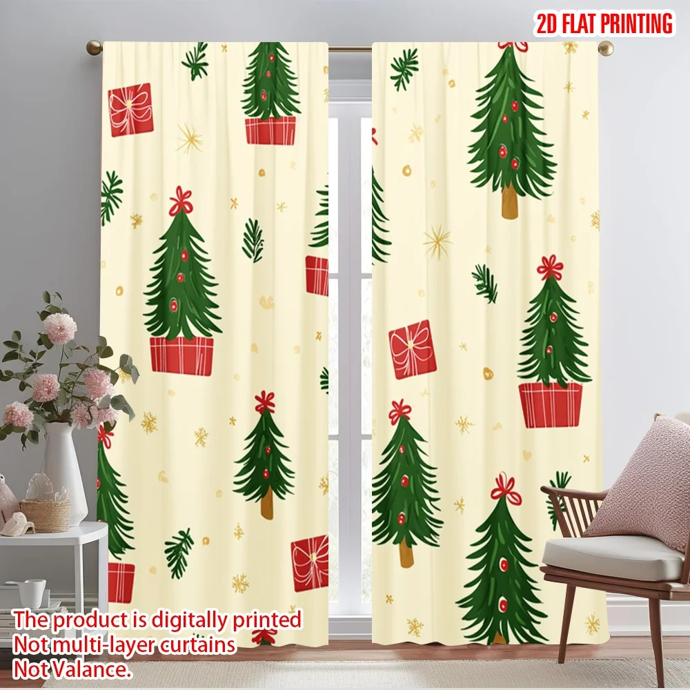2pcs,2D plane printing Curtain Popular Christmas Tree Gift Star Durable 100% Polyester Fabric (without rod) Decorations Outdoor