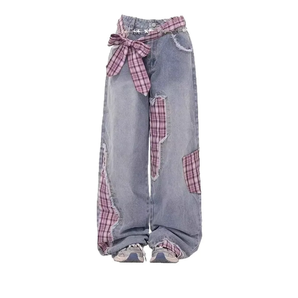

Women Retro Plaid Spliced Wide Leg Jeans, Black Bowknot Tie Design Loose Denim Trousers for Fall Winter
