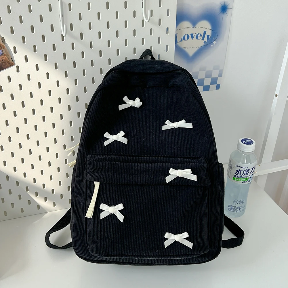 Śliczny estetyczny plecak z kokardką Czarny sztruksowy tornister dla dziewcząt Nastolatki Student Book Bag Women Casual Travel Daypack Rucksack