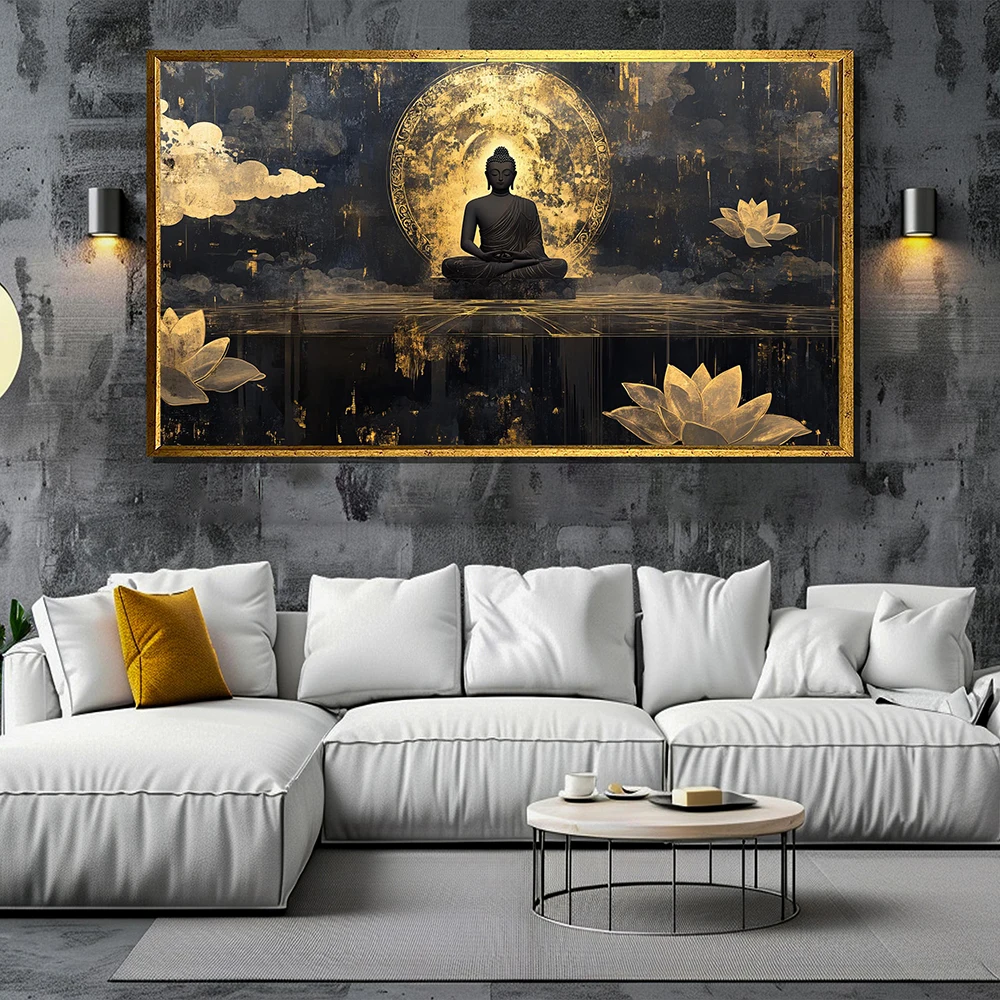 Golden Buddha Wall Art | Black and Gold Zen Canvas | Spiritual Meditation Decor | Modern Lotus Flower Painting, No Frame
