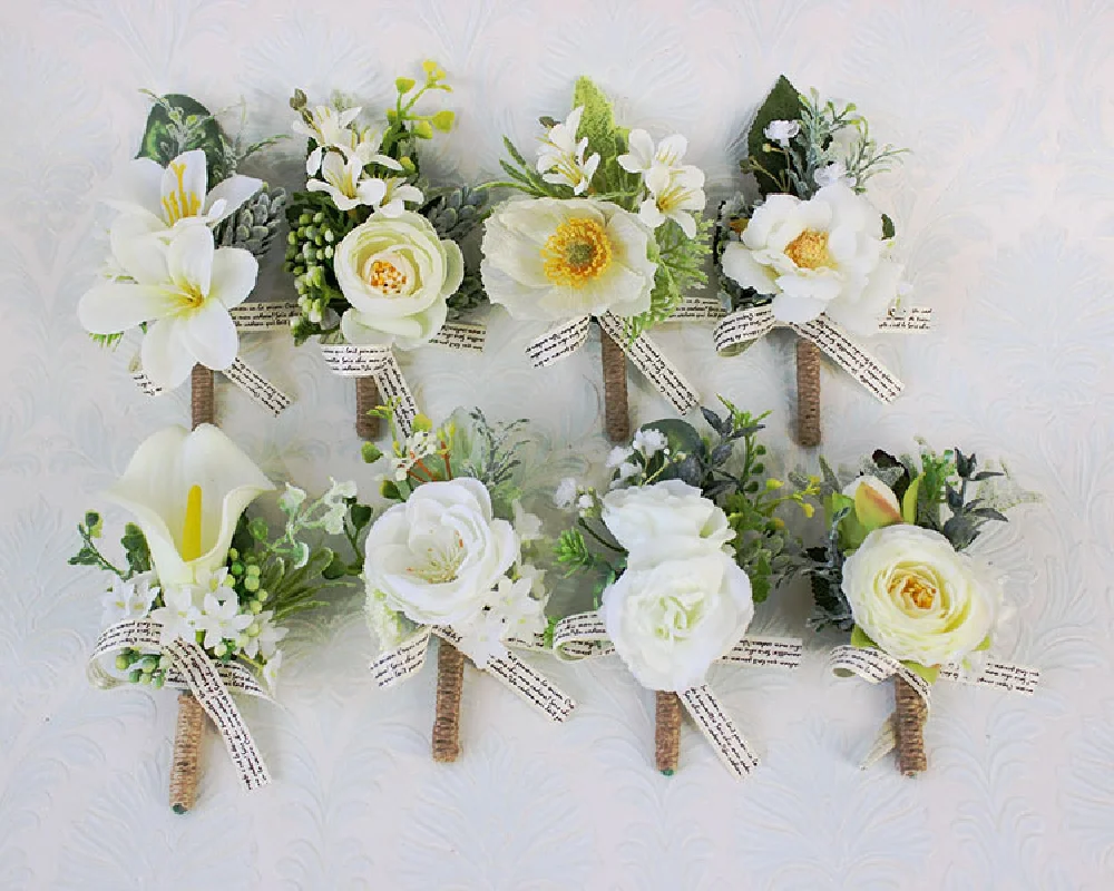 Boutonniere y Corsag para muñeca, suministros de boda, banquete, invitados, flor simulada, pecho, flor de mano, serie blanca 126