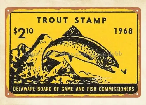 1968 Trout Stamp fish art Delaware metal tin sign modern wall accents