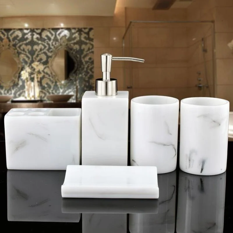 

Resin Bathroom Five-piece Set Wash Square Sets Storage Tray Toiletries Accessories Mouthwash Cup