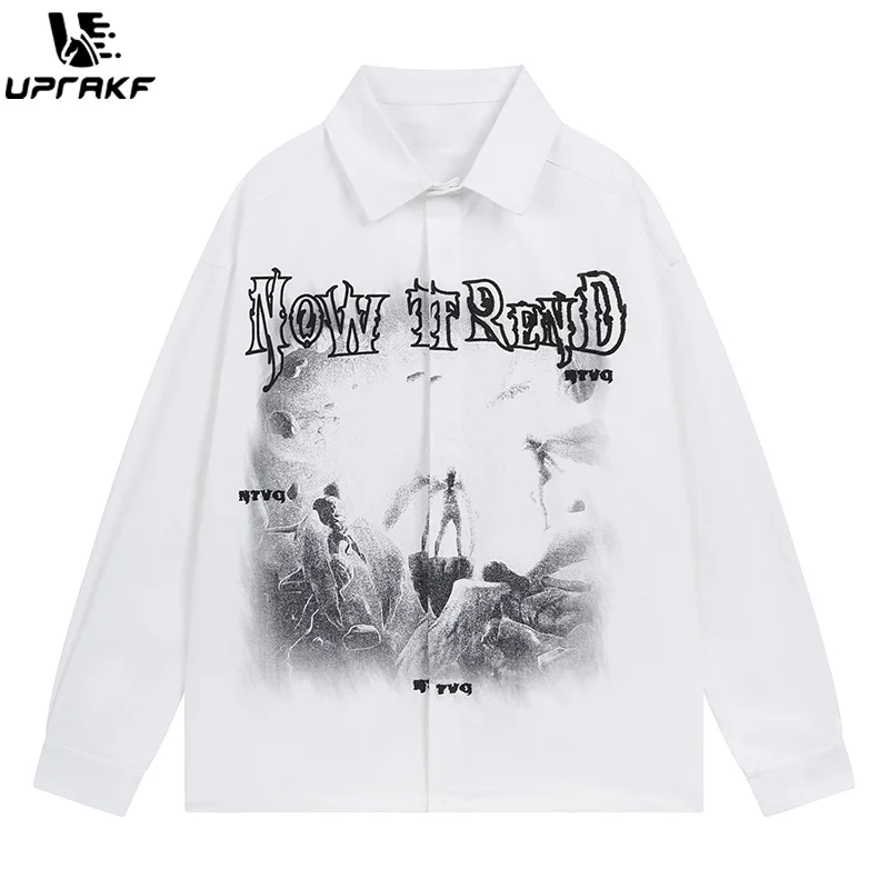 UPRAKF Letter Print Shirts Long Sleeve Loose Autumn Button High Street Tops Harajuku Polo Neck Fashion Casual