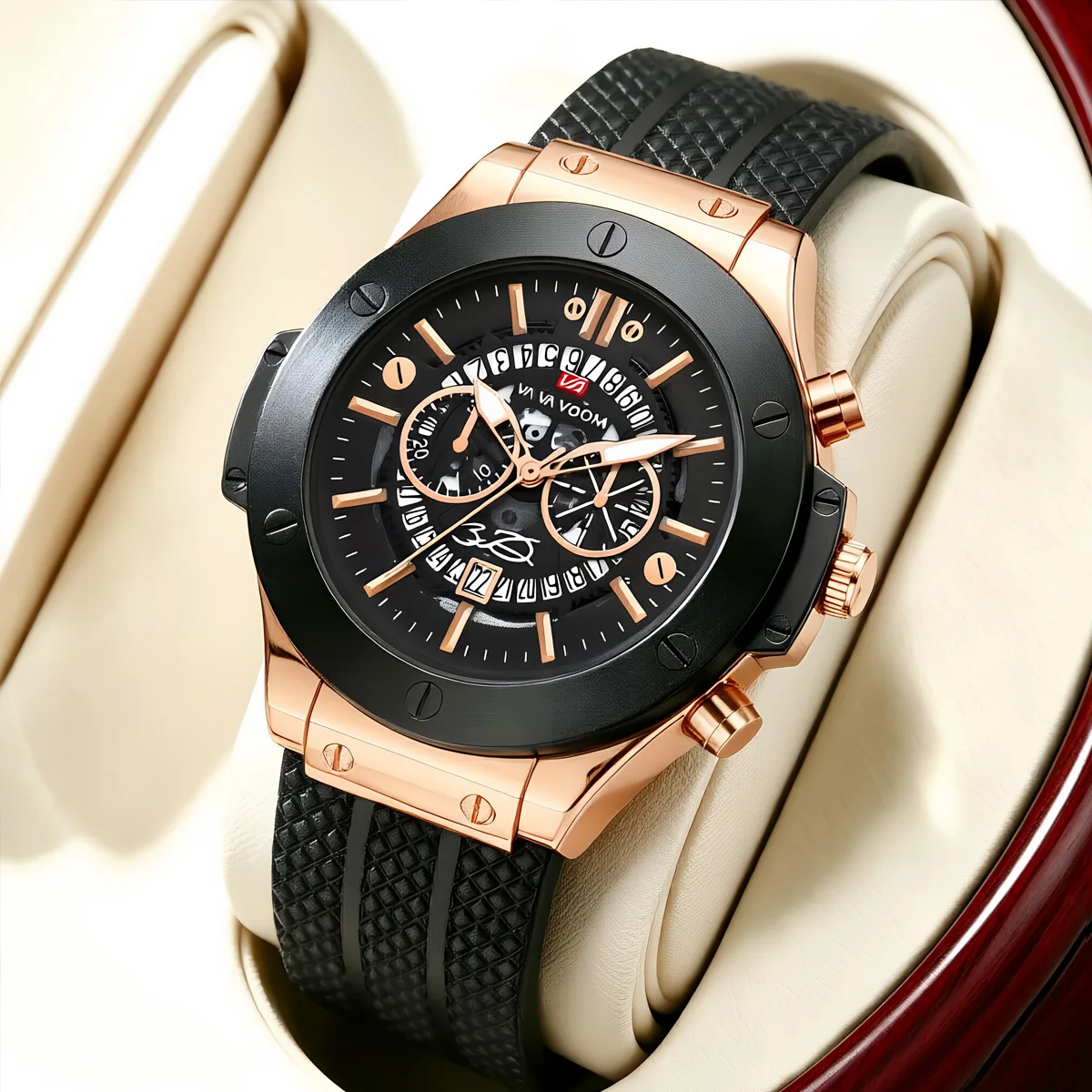 Preto silicone masculino mão 46mm oco para fora grande mostrador rosa ouro moda estilo militar original movimento de quartzo relógio esportivo