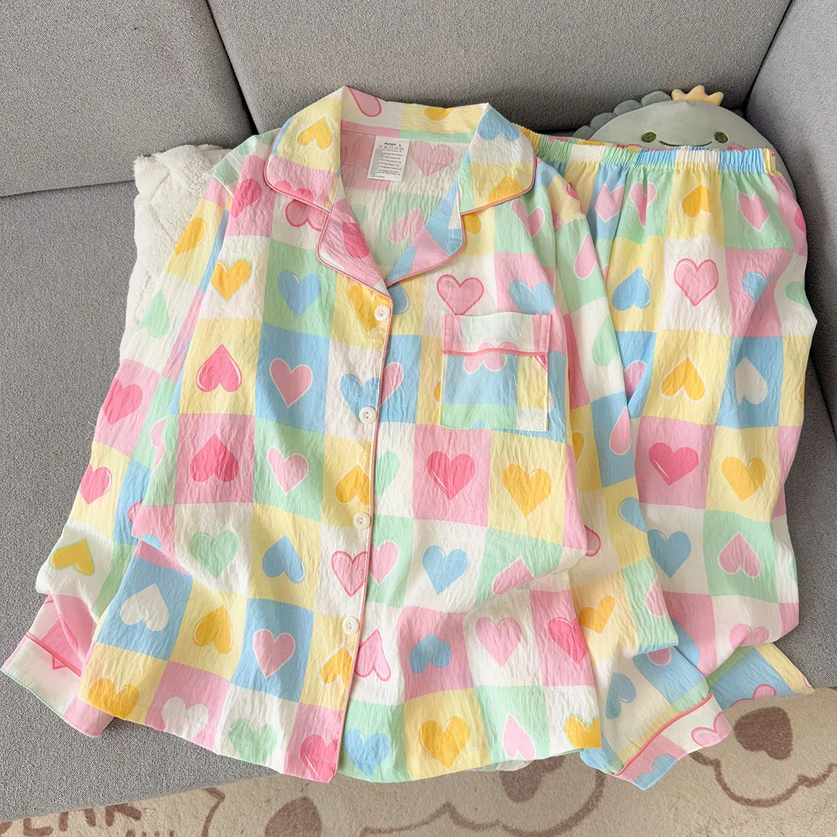 Embroidery Dog Plaid 2 Piece Suit Pyjama Femme Korean Style Vintage Casual Soft Fashion Women's Pajamas Autumn New Sleepwear