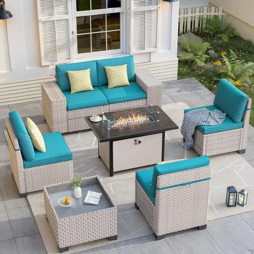 

7-Piece Patio Furniture Set with Fire Pit, Sectional Sofa with Glass Coffee Table and Cushions, Turquoise Wicker Couch Set