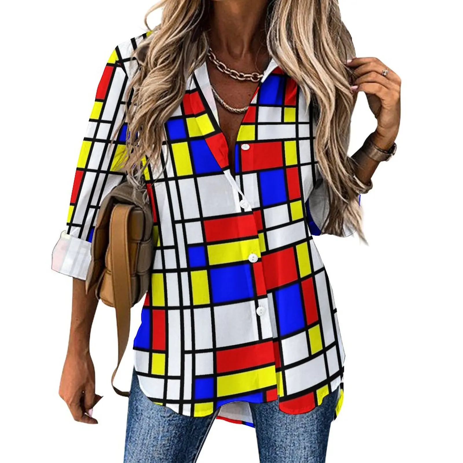 Retro Mondrian Print Loose Blouse  Korean Fashion Oversized Blouses Women Long-Sleeve Kawaii Shirt Spring Custom Top