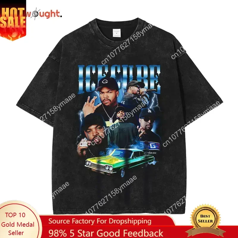 

Ice Cube T Shirt Hip Hop Rapper Singer Tops Tees Vintage Washed Short Sleeve Oversized T-shirt Harajuku Streetwear Men Cotton
