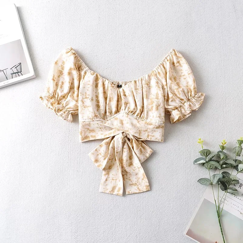 

Street Sle Off-oulder Bubble Sve Knot Ba High Waist Crop Top Knot Wrap around Bandeau Tube irt for Women