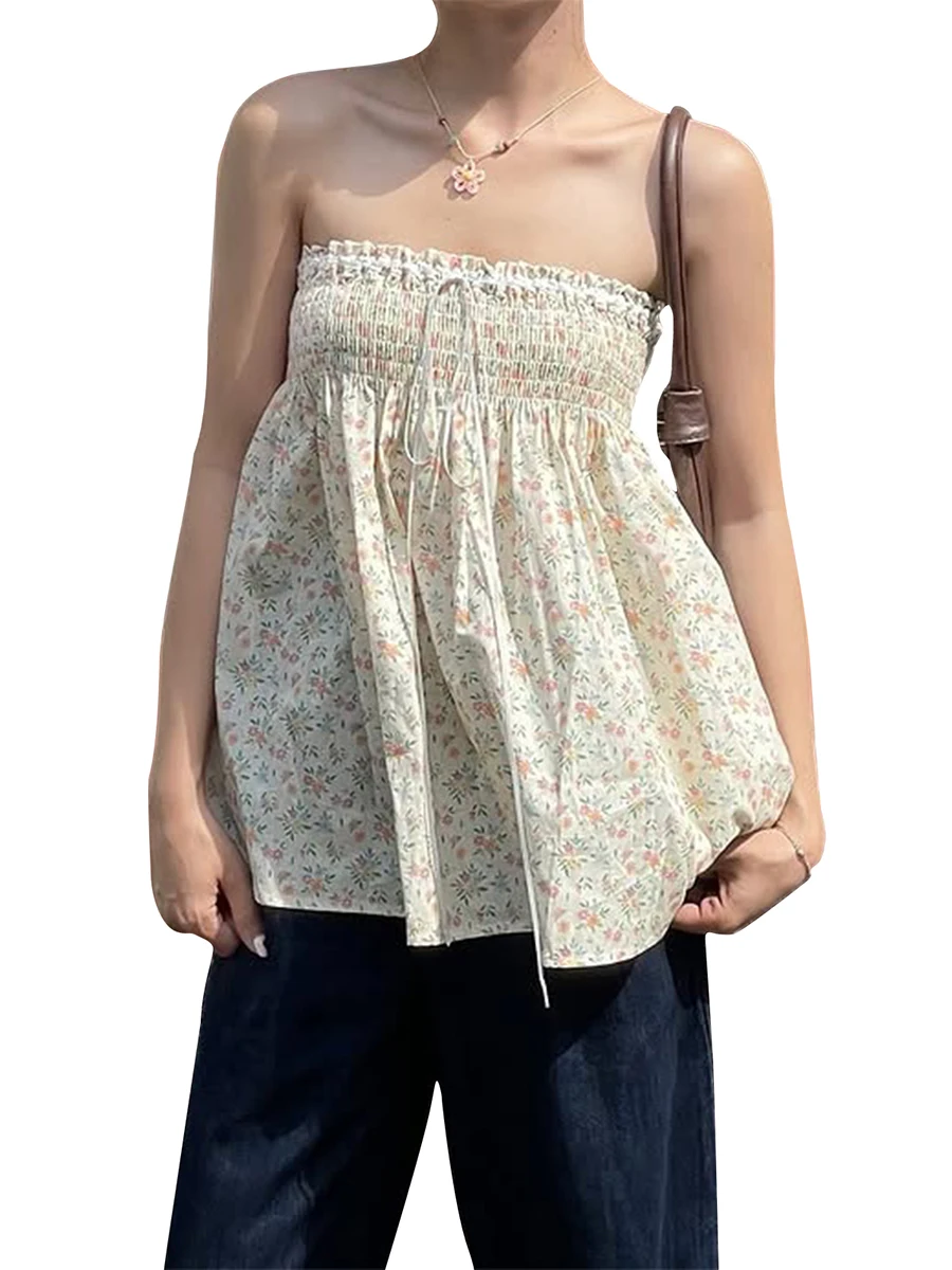 Haut tubulaire sans bretelles à imprimé Floral pour femmes, avec détails plissés, Design dos nu, parfait pour les vêtements de club d'été