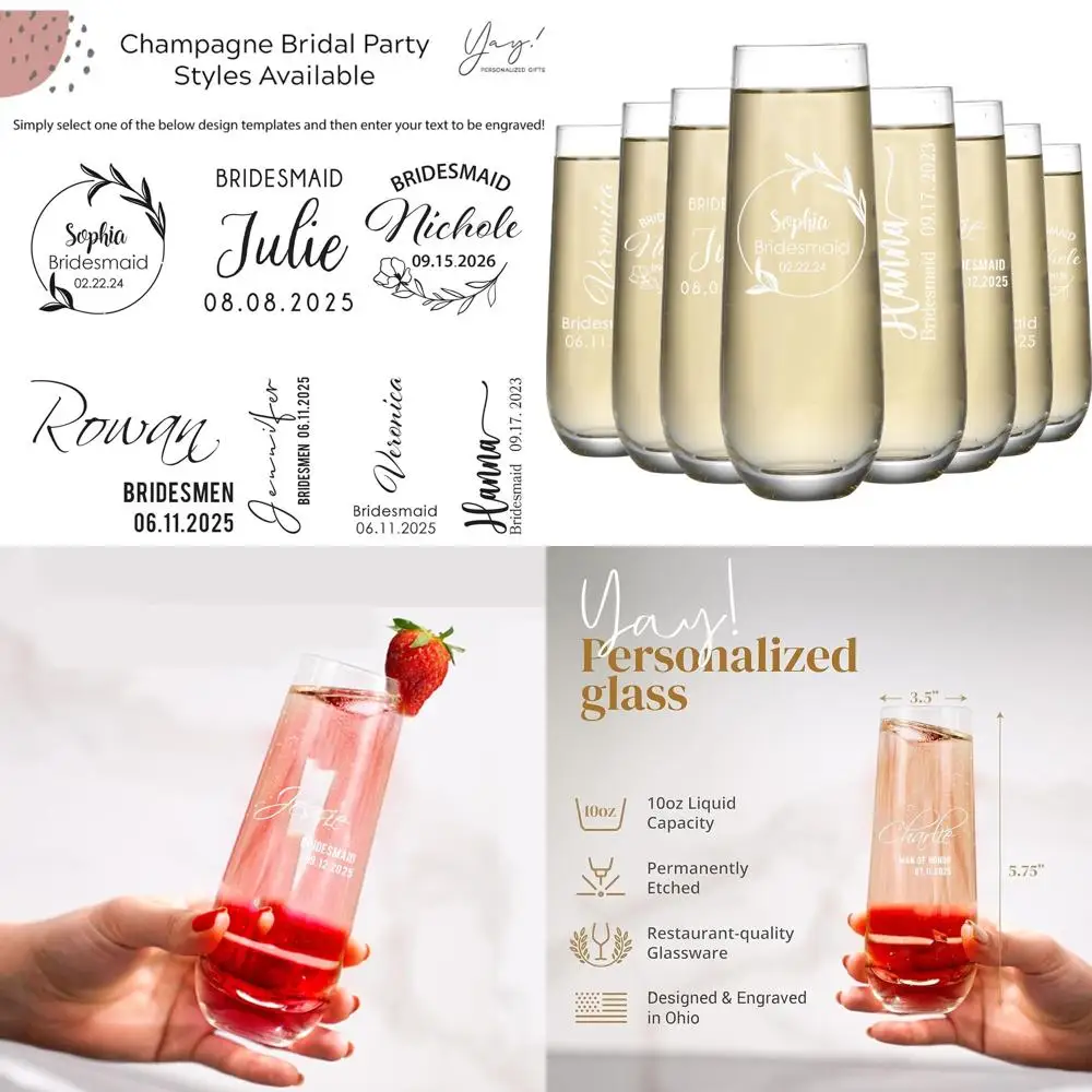 

Custom Engraved Stemless Champagne Glasses - Monogram Bridesmaid Wedding Toast Set, 8-Piece