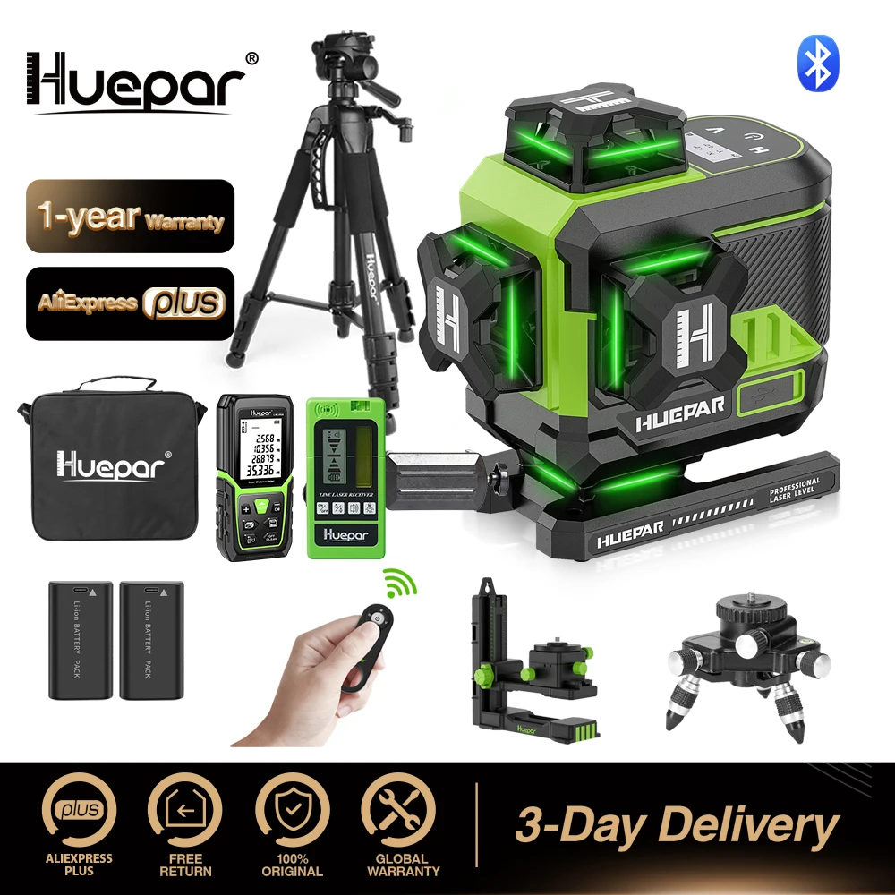 Huepar-nível Laser com Controle Remoto 16 Linhas Linha Cruzada Tela Lcd Bluetooth Osram Feixe Verde 2x Baterias Li-ion 4d Z04cg