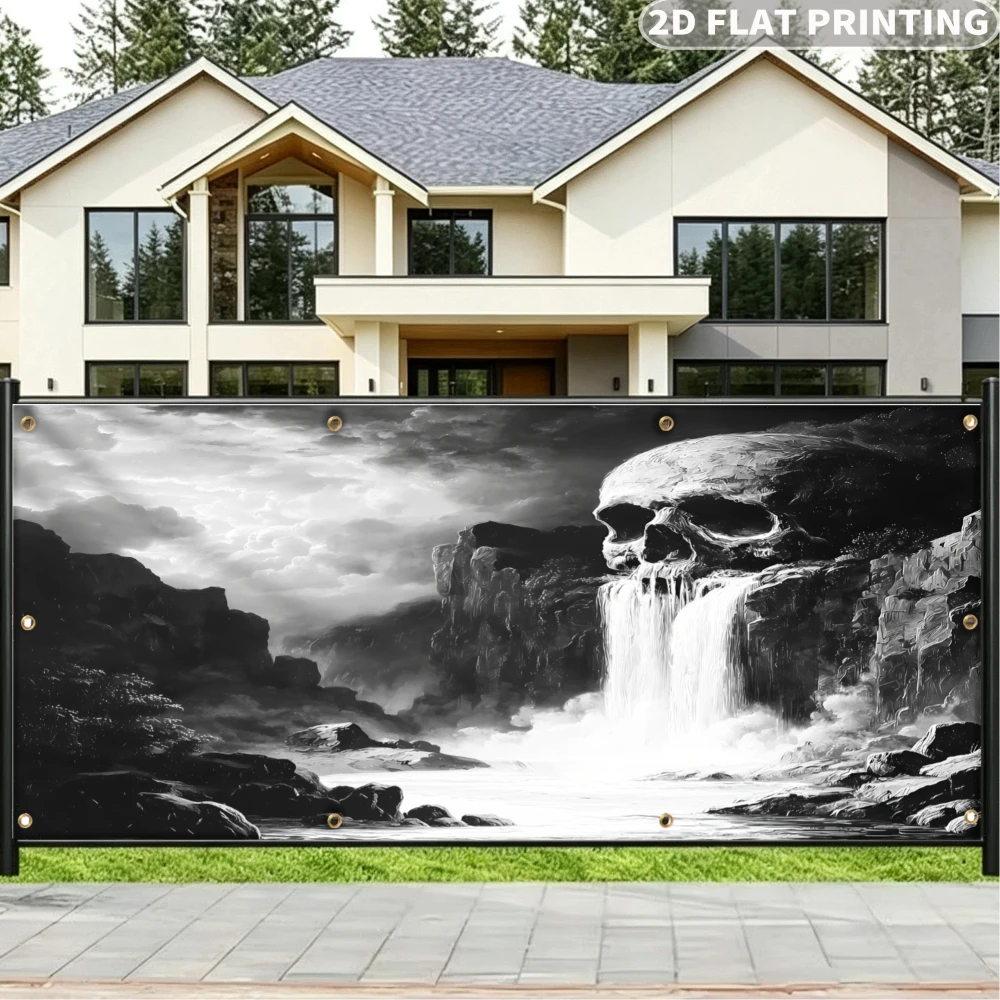 1 pièce Écran de protection et d'intimité pour jardin, motif cascade de crânes 2D plat noir et blanc, bannière en polyester, idéal pour clôture de jardin