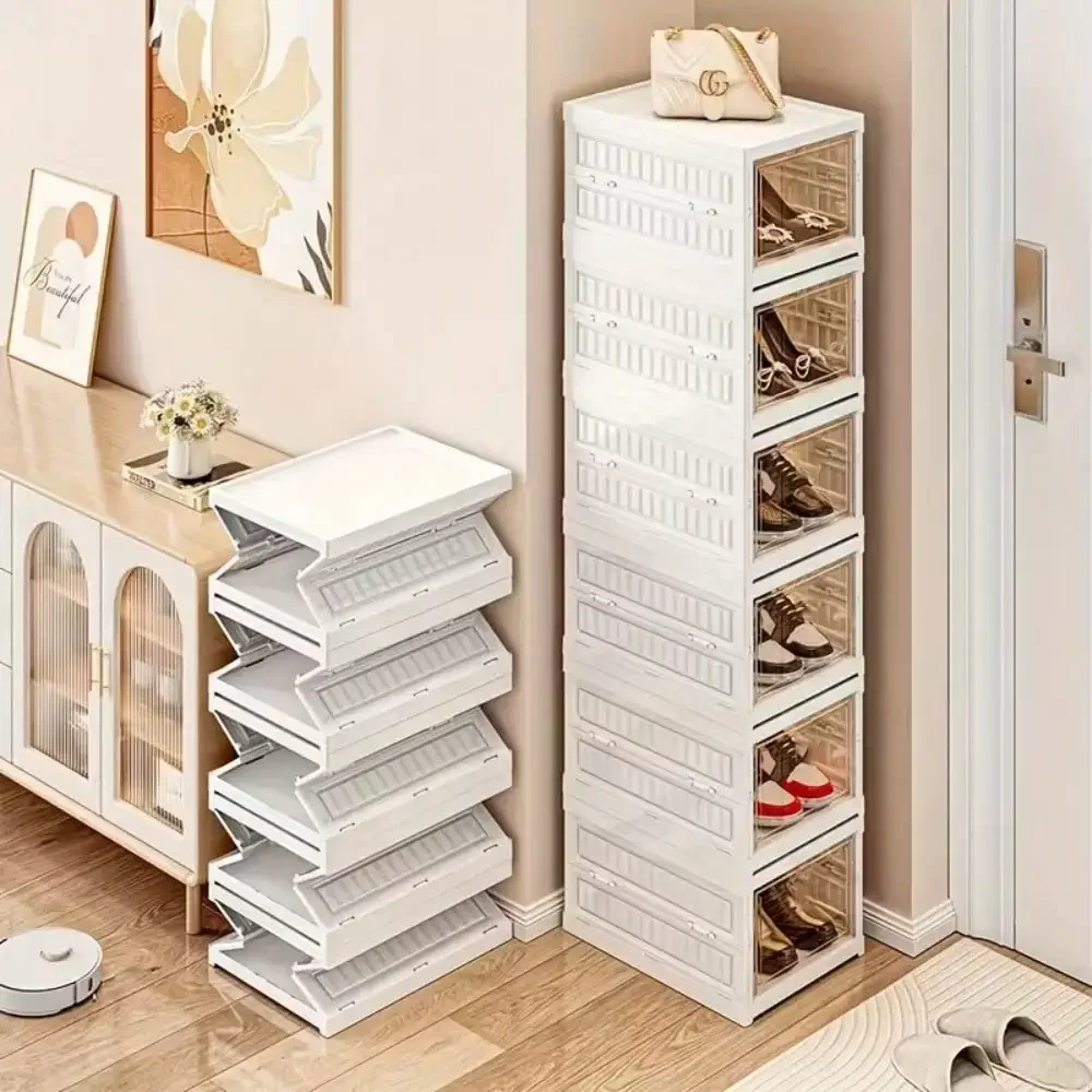 No Assembly Foldable Shoe Box, Fully Clear PET Shoe Storage Cabinet, One Pull Ready to Use Dustproof Shoe Rack, Household Shoes Organizer for Closet, Entryway & Bedroom
