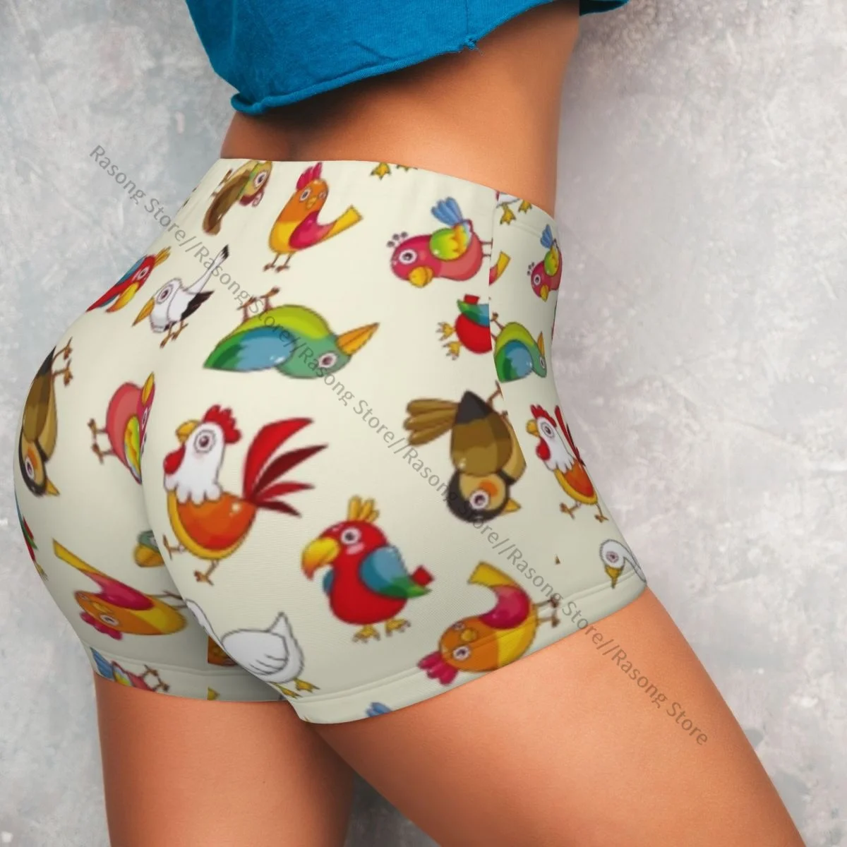 กางเกงขาสั้นกีฬาเอวสูงรัดรูป ลายนกน่ารัก สำหรับออกกำลังกาย โยคะ สวมใส่สบายสำหรับผู้หญิง