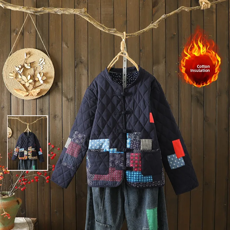 

Thiened Хлопковое джето в стиле пэчворк с принтом, повседневное хлопковое пальто для отдыха большого размера в стиле ретро с воротником-стойкой на пуговицах Dr