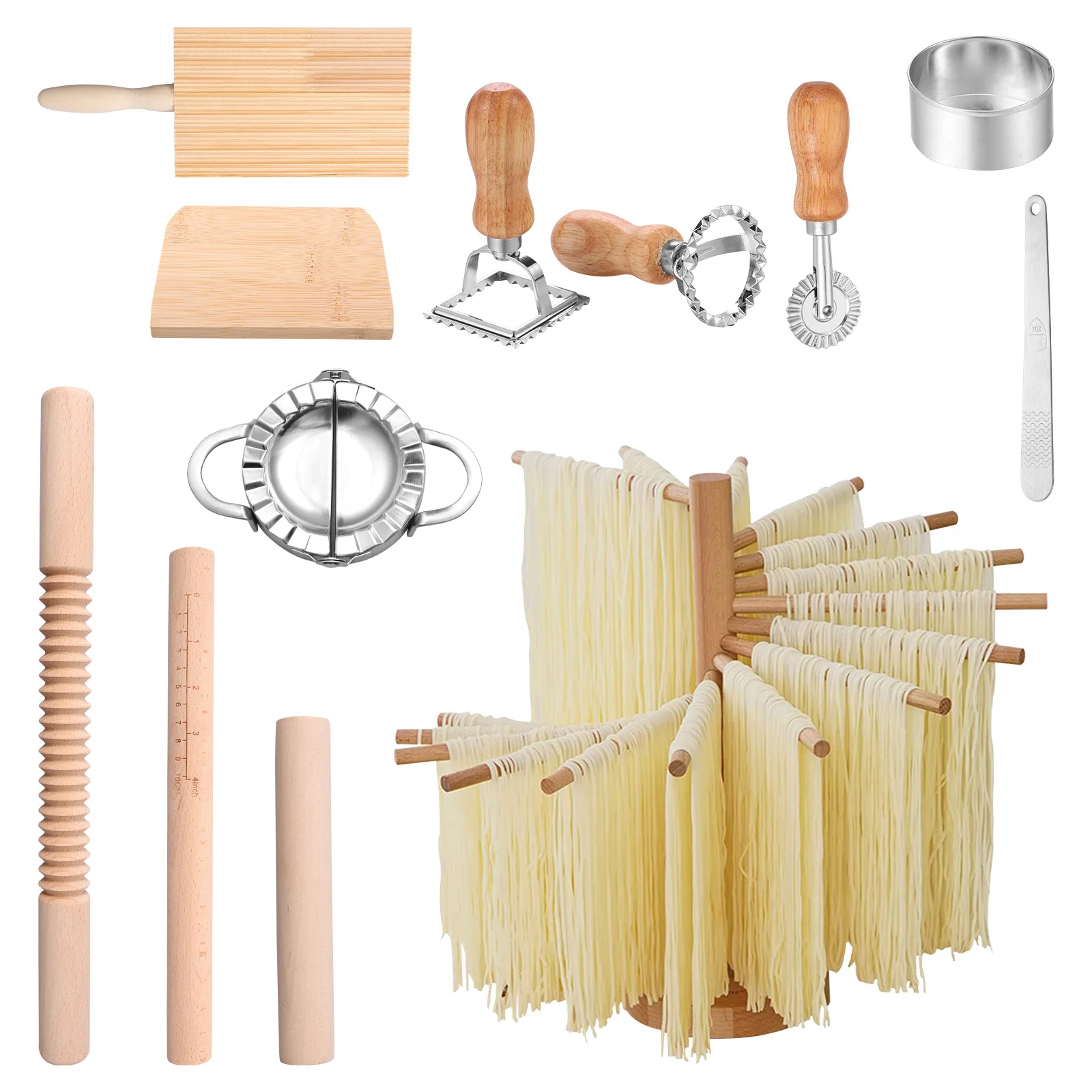 Juego de Herramientas para Hacer Pasta, Molde Multiusos para Raviolis, Rodillo de Madera con Rosca, Tabla para Gnocchi, Cortador de Masa para Pasta
