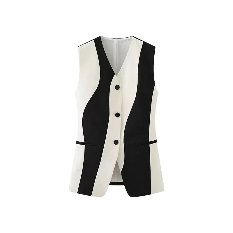 Contrastสีเสื้อกั๊กแขนกุดผู้หญิงVคอเดี่ยวอเนกประสงค์หญิงยาวเสื้อ 2025 ฤดูร้อนใหม่เสื้อกั๊กCardigan