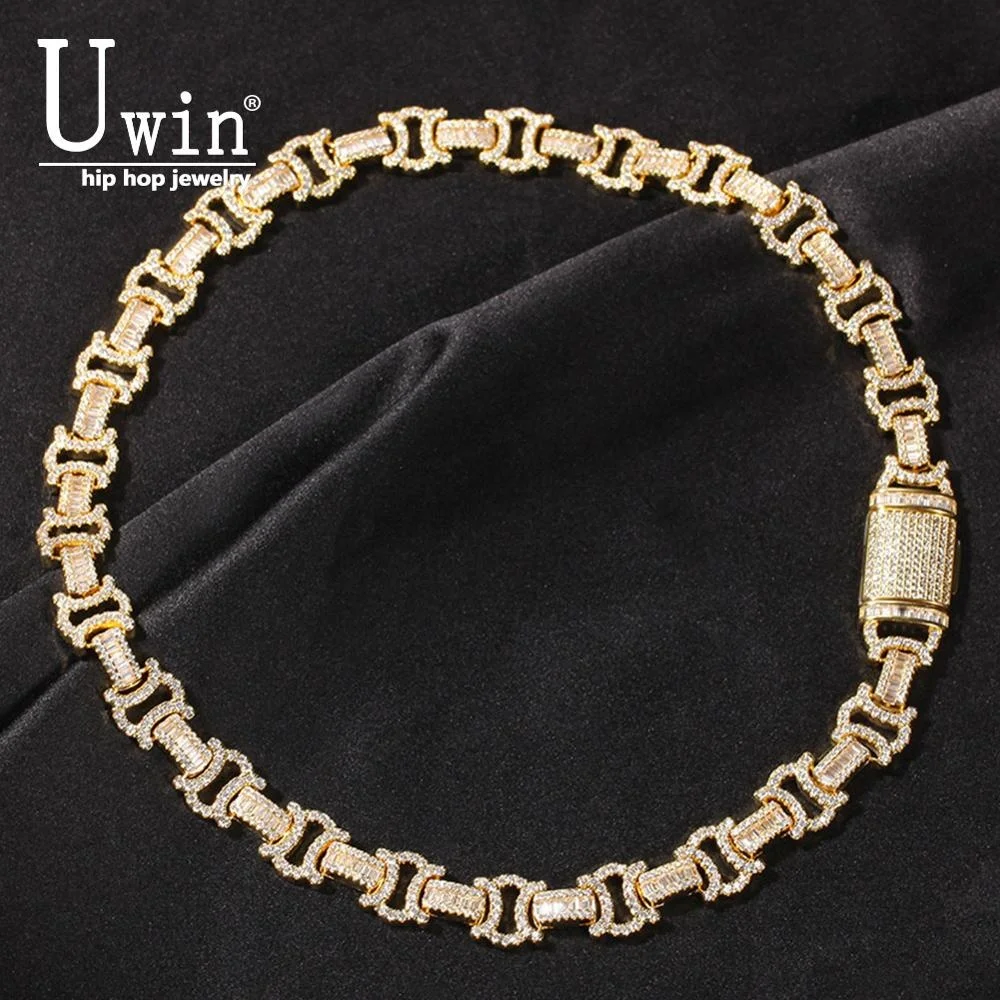 Uwin 12mm Byzantine Chain CZ Fully Iced Out Link Baguetter Pave Setting Necklace Jewelry Accessories