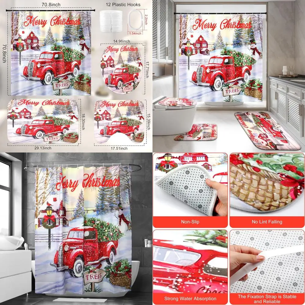 

Red Truck Christmas Shower Curtain and Rug Set, Festive Bathroom Decor Collection