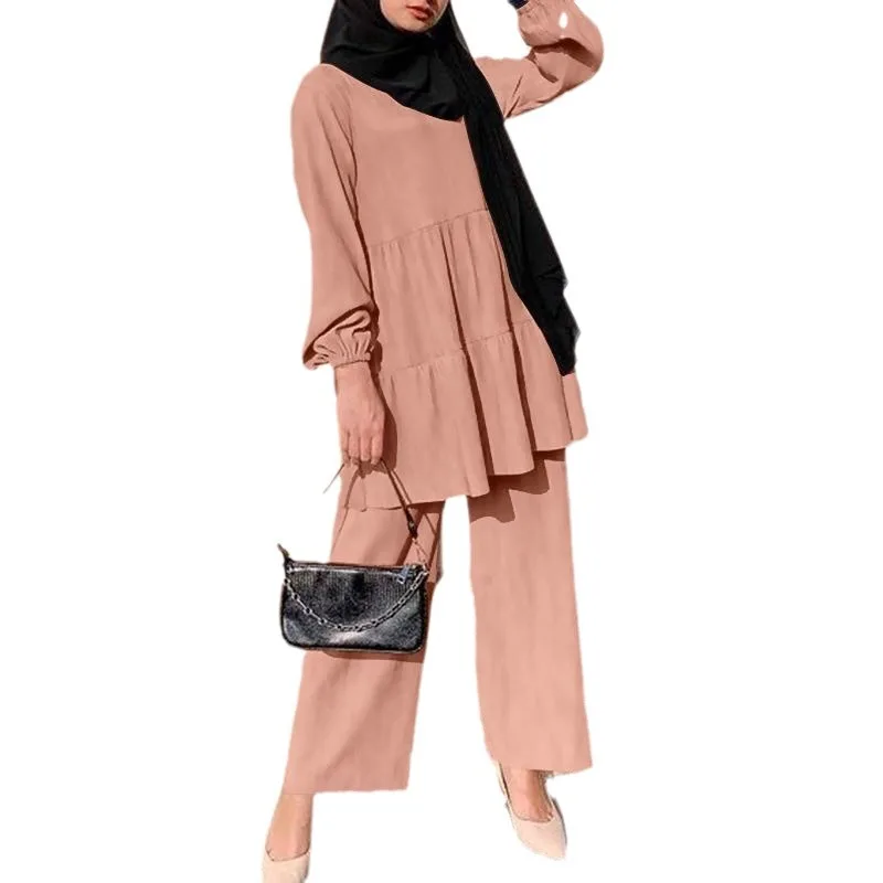 Ensembles Muslim Two Piece Set Women Blouse Wide Leg Pants Suit Ramadan Eid Morocco Dubai Islam Arabic Modest Saudi Outfits