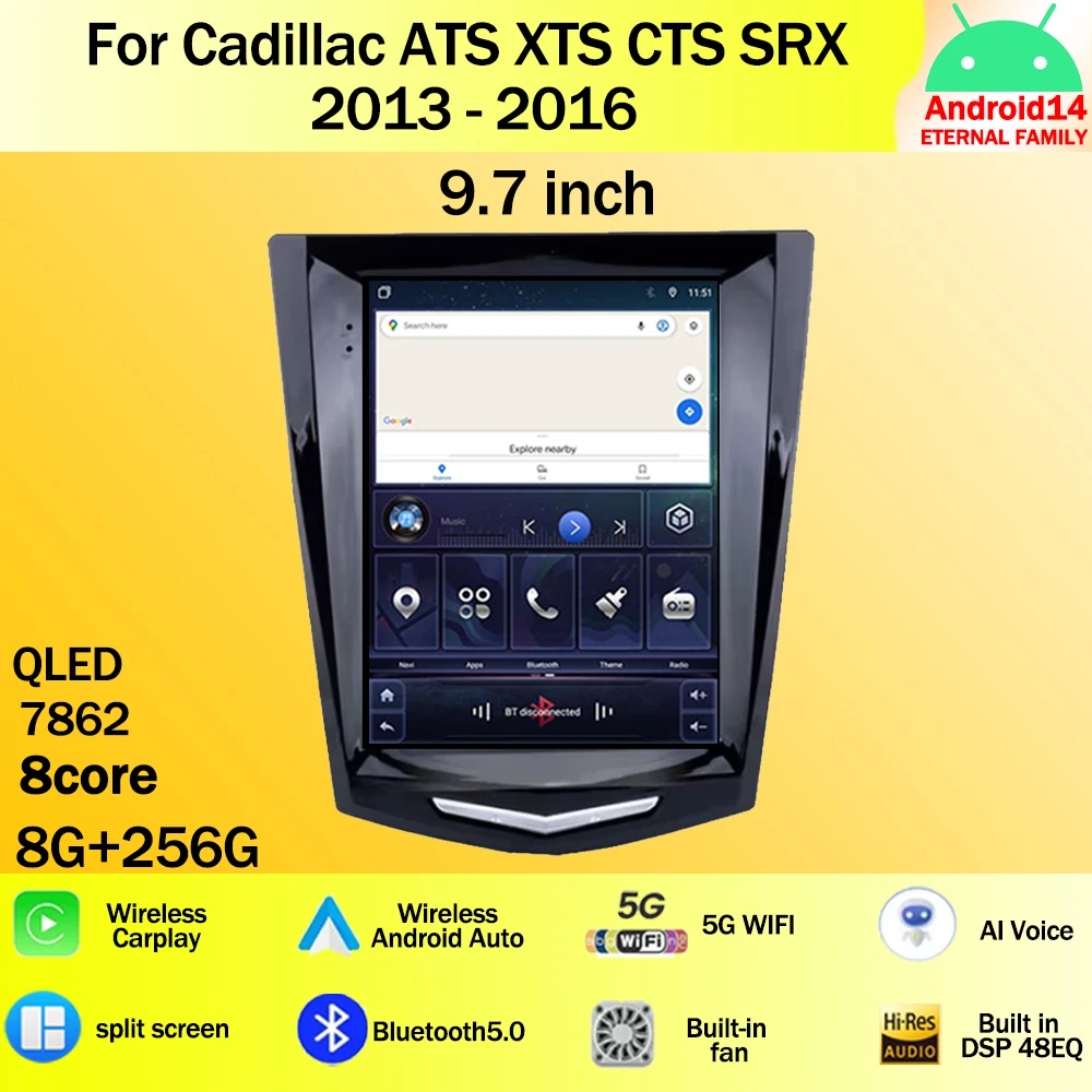 

Автомагнитола для Cadillac ATS XTS CTS SRX 9,7-2013, 2016 дюйма, Android 14, мультимедийный видеоплеер с GPS, беспроводной, android, Wi-Fi, 4G