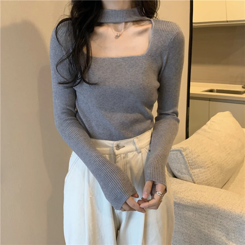 Long Sleeve T-shirts Women Halter Knitted Spring Design Fashion Retro Slim Sexy Popular Tops 8 Colors Leisure Simple Cozy Femme