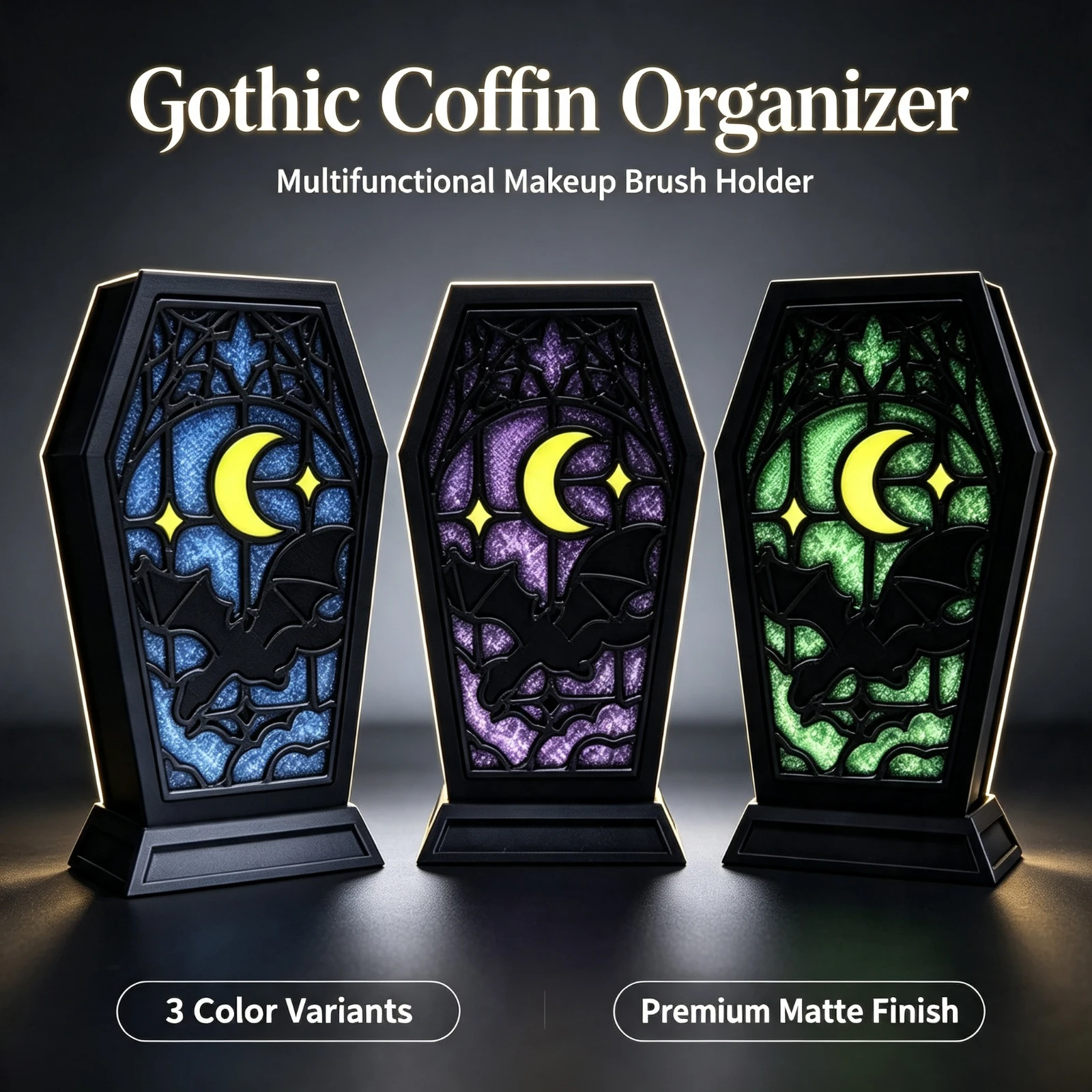 Gothic Coffin Makeup Brush Holder Multifunctional, Cosmetic Organizer Storage Rack Dark Atmosphere Spider Web Desktop Decor Gift