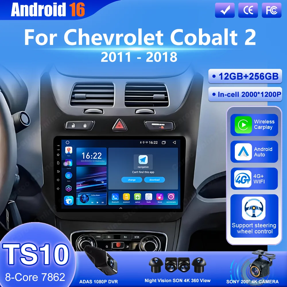 

Беспроводной CarPlay на Android 16 для Chevrolet Cobalt 2 2011-2018: Автомобильный мультимедийный видеоплеер, навигация GPS, сенсорный экран 2K, Wi-Fi