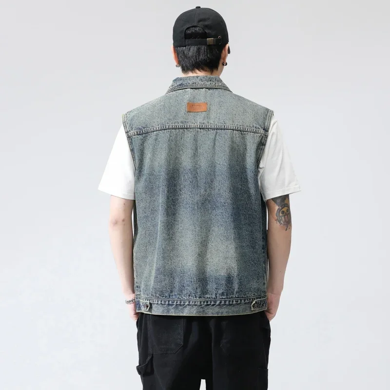 Street Denim Sleeveless Jacket Men's Blue Vest Spring and Autumn Korean-style Hip-hop Windproof Student All-match Denim Coat