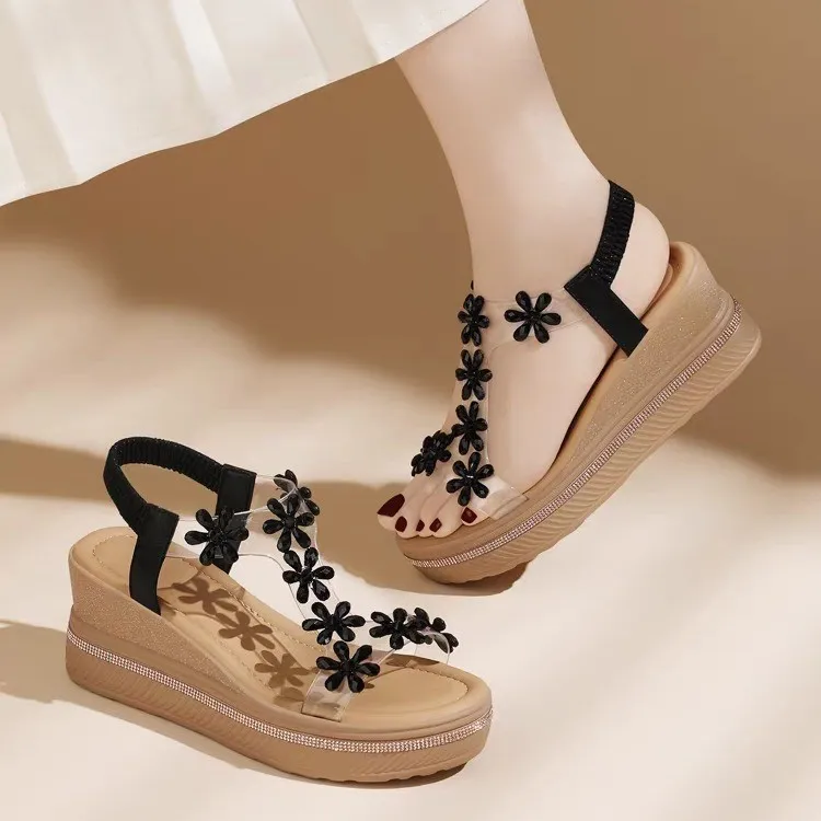 

Rhinestones Flowers Sandals Women Fashion Crystal Chunky Platform Sandles Woman Slip on Wedge High Heels Sandalias Mujer