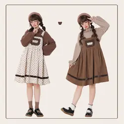 Three Bears Kawaii Print Lolita Dress Retro Cute Bear Embroidery Plush Girly Loose Corduroy Strap Daily Jsk Dress