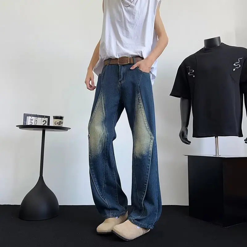 

Винтажные потертые джинсы в американском стиле High Street 2024, мужские осенние модные брендовые прямые расклешенные джинсы меньшинства